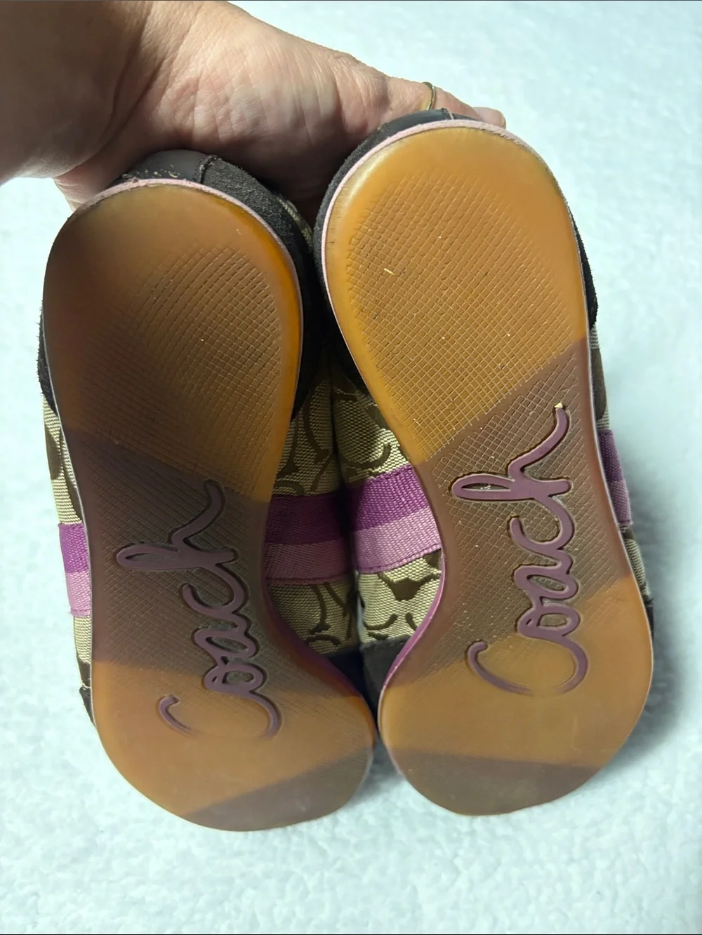 Coach 7.5 Joss Brown Signature Canvas Sneakers with Pink Trim